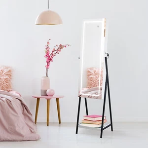 Jewelry Storage Mirror Cabinet Full Mirror Wooden Floor Type with 1 Shelf Lamp - Picture 1 of 14