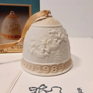 Lladro Porcelain Christmas Bell 1989 Peach Ribbon, Angels Ornament - Picture 1 of 10