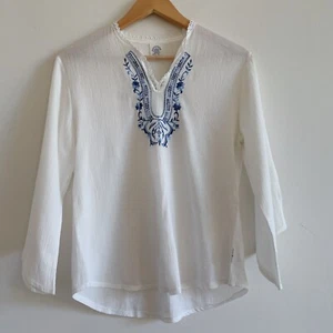 Retro White Boho Top Cotton Blue Embroidery Vintage Summer Vibe Bohemian - Picture 1 of 7