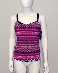 NWT $98 PROFILE by GOTTEX PINK GEO PRINT LETTUCE HEM TANKINI SWIM TOP 32D - Picture 1 of 7