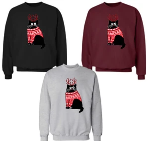 CHRISTMAS JUMPER BLACK CAT WITH ANTLERS FUNNY UNISEX ADULT KIDS SWEATSHIRTS - Picture 1 of 1