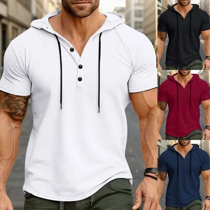 Mens Hooded T Shirt Short Sleeve Hoodie Regular Fit GYM Tee Casual Sports Tops - Picture 1 of 23