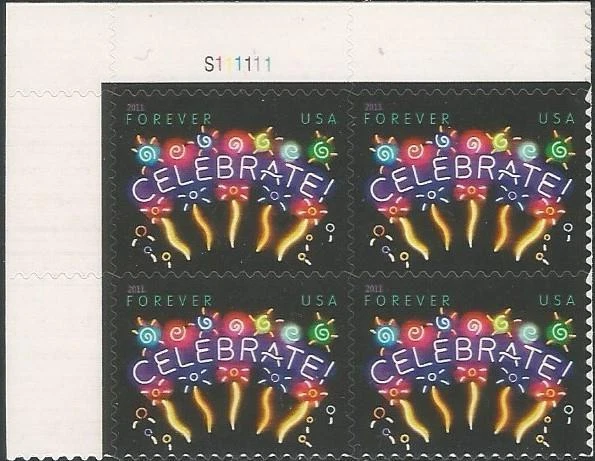 Plate Block of 4 stamps - Scott 4502 - Forever - Celebrate - 2011 - MNH - Image 1 of 1