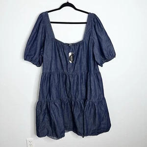 City Chic Dress Women XXL 24 Denim Tier Puff Sleeve Blue Square Neck HH - Picture 1 of 9