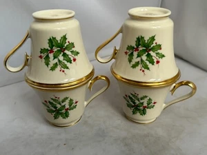 Lenox HOLIDAY Dimension Porcelain 6oz Teacup Set of 4 Gold Trim Green Holly EUC - Picture 1 of 8