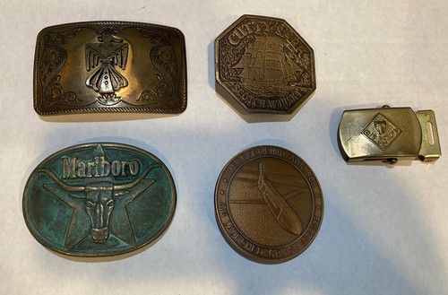 Lot of (5) Vintage Brass Belt Buckle Marlboro Boeing Native American Thunderbird