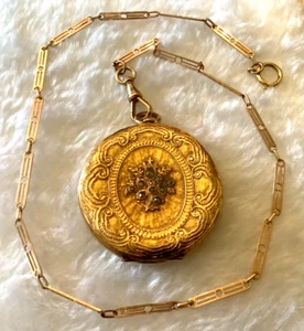 ANTIQUE 14K Engraved Rose Cut Diamond Pocket Watch Case 13.25” Chain & Dog Clip - Picture 1 of 10