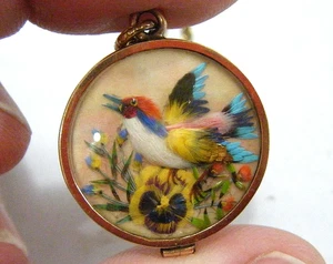 14K Victorian Double Sided Birds Portraits MOP Shell & Real Feathers Pendant - Picture 1 of 13