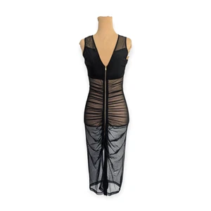 Ruched Zip Up Dress SZ M V-neck sheer mesh Midi Made in USA - Picture 1 of 8
