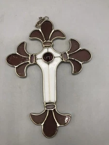 Handmade Stained Glass Hanging Cross with Chain White Purple 7-1/2” Long - Picture 1 of 17