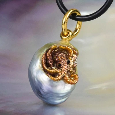 Geschnitzter Perlmutt Octopus IN Süd See Perle Anhänger Vermeil Sterling 4.34g - Bild 1 von 4