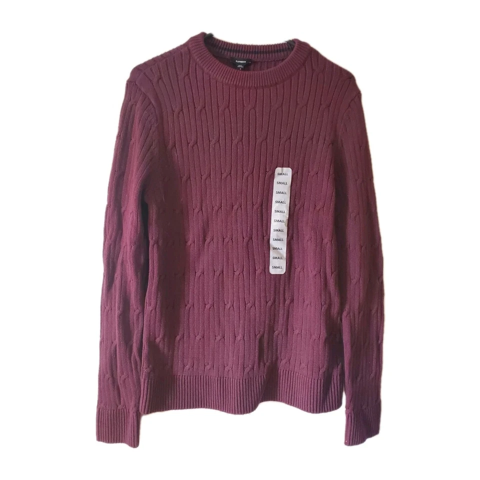 Express Men's Braided Cable Knit Sweater Burgundy "Winetasting" Size Small New - Image 1 of 4