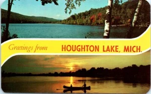 Vtg MI Postcard Canoeing Greetings From Houghton Lake Michigan Banner Unposted - Picture 1 of 2