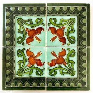 ALFRED MEAKIN - ANTIQUE ART NOUVEAU ENGLAND MAJOLICA 4 TILE SET - Picture 1 of 2
