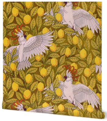 Spoonflower Peel Stick Removable Wallpaper Cockatoos Birds Lemons Self Adhesive - Image 1 of 4