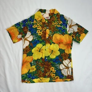 Vintage 60s Pomare Tahiti Hawaiian Shirt Bright Floral Psychedelic Bark Cloth - Picture 1 of 8