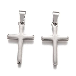 2Pcs 304 Stainless Steel Cross Pendants Stainless Steel Color Crafts 32x19x2.5mm - Picture 1 of 3