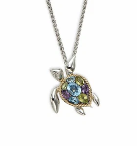 EFFY 18K Yellow Gold, Sterling Silver, Multi Stone TURTLE Pendant Necklace SALE - Picture 1 of 7