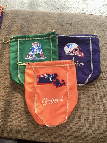 NFL New England Patriots 3 Bag Set Of Logo’d CROWN ROYAL BAG  1 Liter 9X7 Cover