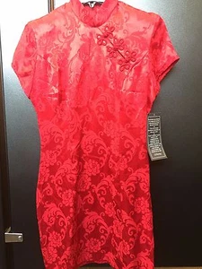 Women's Red Floral Chinese Cocktail Party Dress Size 7/ 8 Medium Short Sleeved - Picture 1 of 6