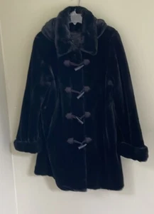 Dennis Basso Black Coat Shaggy Faux Fur Toggle Hooded Womens Size M - Picture 1 of 8
