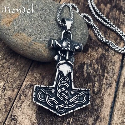 MENDEL Mens Stainless Steel Nordic Viking Thors Hammer Mjolnir Pendant Necklace - Image 1 of 4