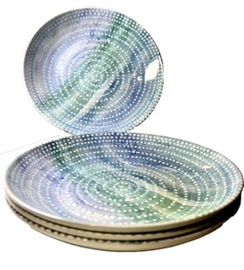 Pasta Soup Bowls Nautica Set Low Wide Abstract Blue Watercolor W/ White Dots - Picture 1 of 6