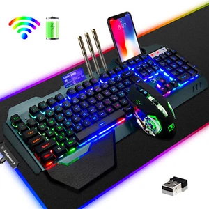 Wireless Gaming Keyboard & Mouse & Pad Rainbow Backlit 3800mAh For PC Laptop Mac - Picture 1 of 22