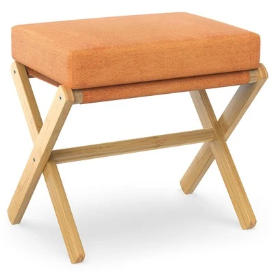 Folding Rectangle Tufted Upholstered Ottoman Stool With Solid Wood Legs(Orange) - Image 1 of 4