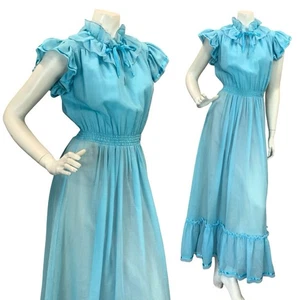 VTG 70S ROMANTIC BOHO PRAIRIE RUFFLE MAXI DRESS BLUE 8 10 12 - Picture 1 of 10