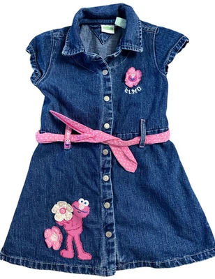 Vintage Y2K Elmo Sesame Street Toddler Girls 3T Denim Embroidered Belted Dress - Image 1 of 4