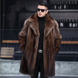 Men Lapel Collar Single Breasted Mink Fur Faux Fur Coat Mid Long Overcoat Winter - Picture 1 of 24
