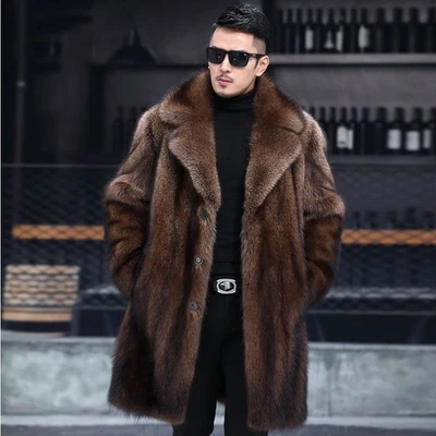 Men Lapel Collar Single Breasted Mink Fur Faux Fur Coat Mid Long Overcoat Winter - Image 1 of 4