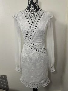 Size 6 PLT long sleeve open chest lace bodycon summer event dress White - Picture 1 of 8