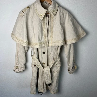 Embroidered Cape Vintage Trench Coat  Large Ivory Beige Belted Detachable Mgd - Image 1 of 4