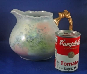 Vintage 1930s Hand Painted Cider Pitcher w/Forget-me-nots & Gilt Vine Handle - Picture 1 of 10