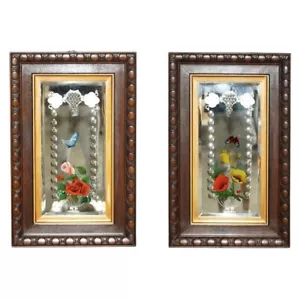 UNIQUE PAIR OF ANTIQUE ITALIAN VENETIAN CARVED REVERSE PAINTED BIRD MIRRORS - Picture 1 of 24