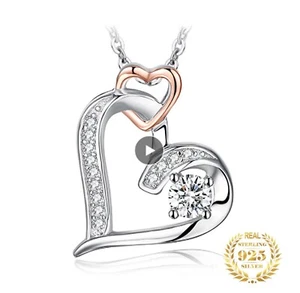 Collier Pendentif - 2 Cœurs -Zircon (0,5ct X 14) - Argent Sterling 925/1000 - Foto 1 di 3