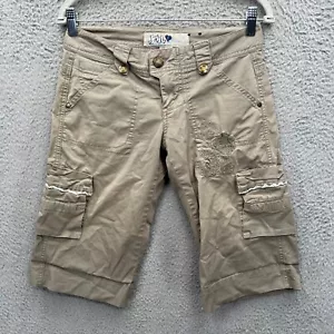 Y2K Bermuda Cargo Shorts Embroidered Floral Grunge Khaki Beige 5 Long Shorts - Picture 1 of 8