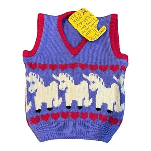 The Mad Hatter Maine VTG 80s Unicorn Hearts Sweater Vest Acrylic Purple Pink Sz? - Picture 1 of 5