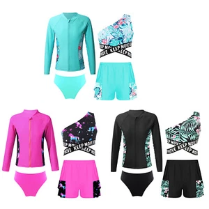 Girls Swimwear Print Set Suit Swimsuit Fashion Tops Long Sleeve Briefs Cross - Picture 1 of 39