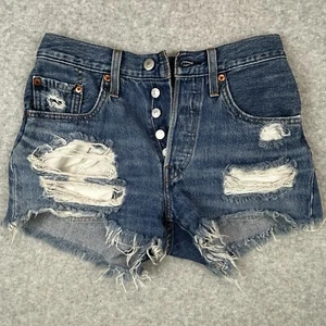 Levis 501 Cut Off Shorts Womens 24/25 Blue Jean Distressed Button Fly 2" Inseam - Picture 1 of 12