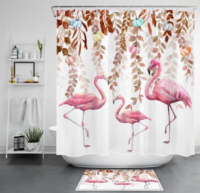 Pink Flamingo Brown Leaf Fall Pumpkin Shower Curtain Bathroom Accessories Set - Image 1 of 4