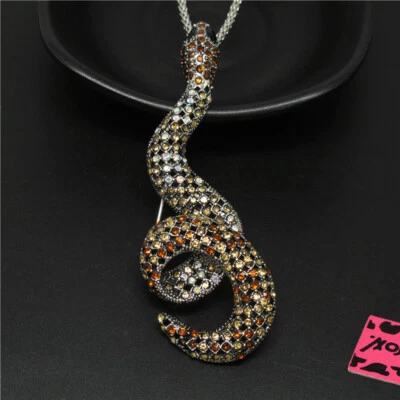 New Fashion Women Vintage Silver Plated Brown Snake Crystal Pendant Necklace - Image 1 of 4