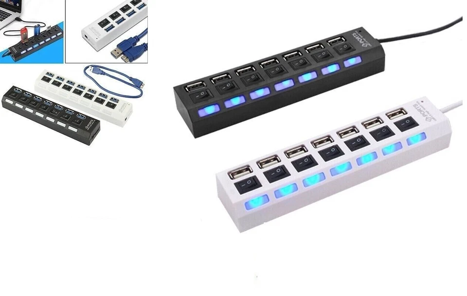 HUB USB 7 PORTE ALIMENTATO 7 INTERRUTTORI ON OFF PORT HUBS 2.0 PORTS USB2 PC - Immagine 1 di 1