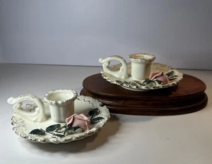 Pair Vintage Lefton Porcelain Pink Rose Candle Holders, 24K Spring - Picture 1 of 12