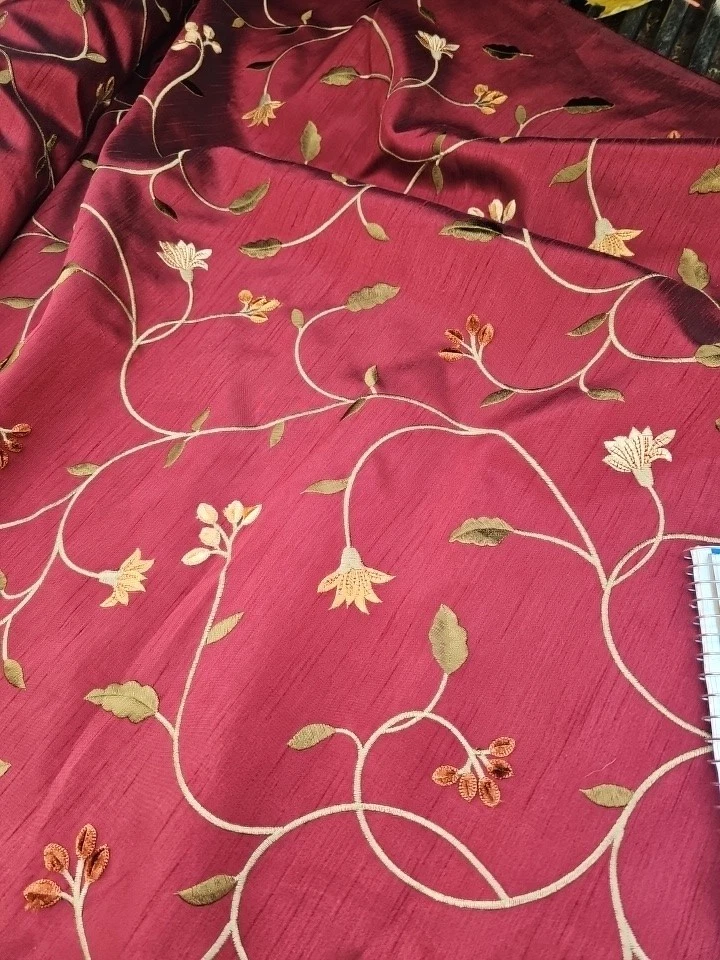 8+ Yards 56" Wide FAUX SILK FLOWERS EMBROIDERED~ DRAPERY Bags - Burgundy - Image 1 of 4