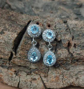 Orecchini donna in argento sterling 925 con topazio blu naturale e zirconi... - Foto 1 di 8