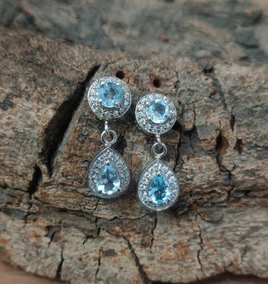 Orecchini donna in argento sterling 925 con topazio blu naturale e zirconi... - Immagine 1 di 4