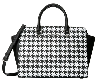 🌞MICHAEL KORS SELMA BOLSA SATCHEL GRANDE PRETA BRANCA HOUNDSTOOTH SAFFIANO🌺NOVA COM ETIQUETAS! - Imagem 1 de 4